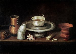 Ainda vida com uma tigela de Chocolate, ou café da manhã com chocolate, c.1640